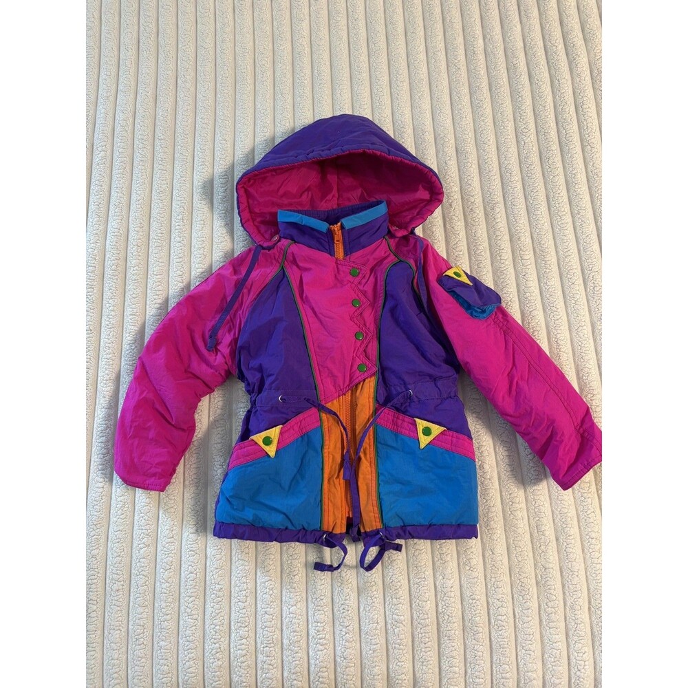 Vintage 80s Paramour Kids Colorblock Neon Puffer Ski Coat sz 4 Disco pink purple